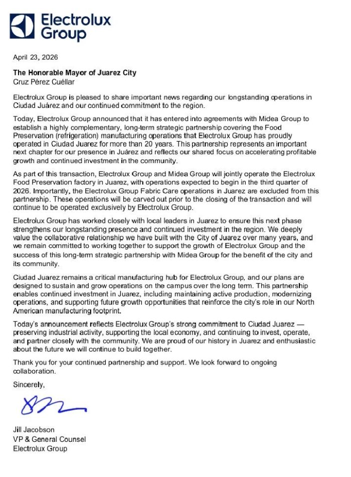 Da a conocer el alcalde Pérez Cuéllar anuncio de inversiones por Electrolux